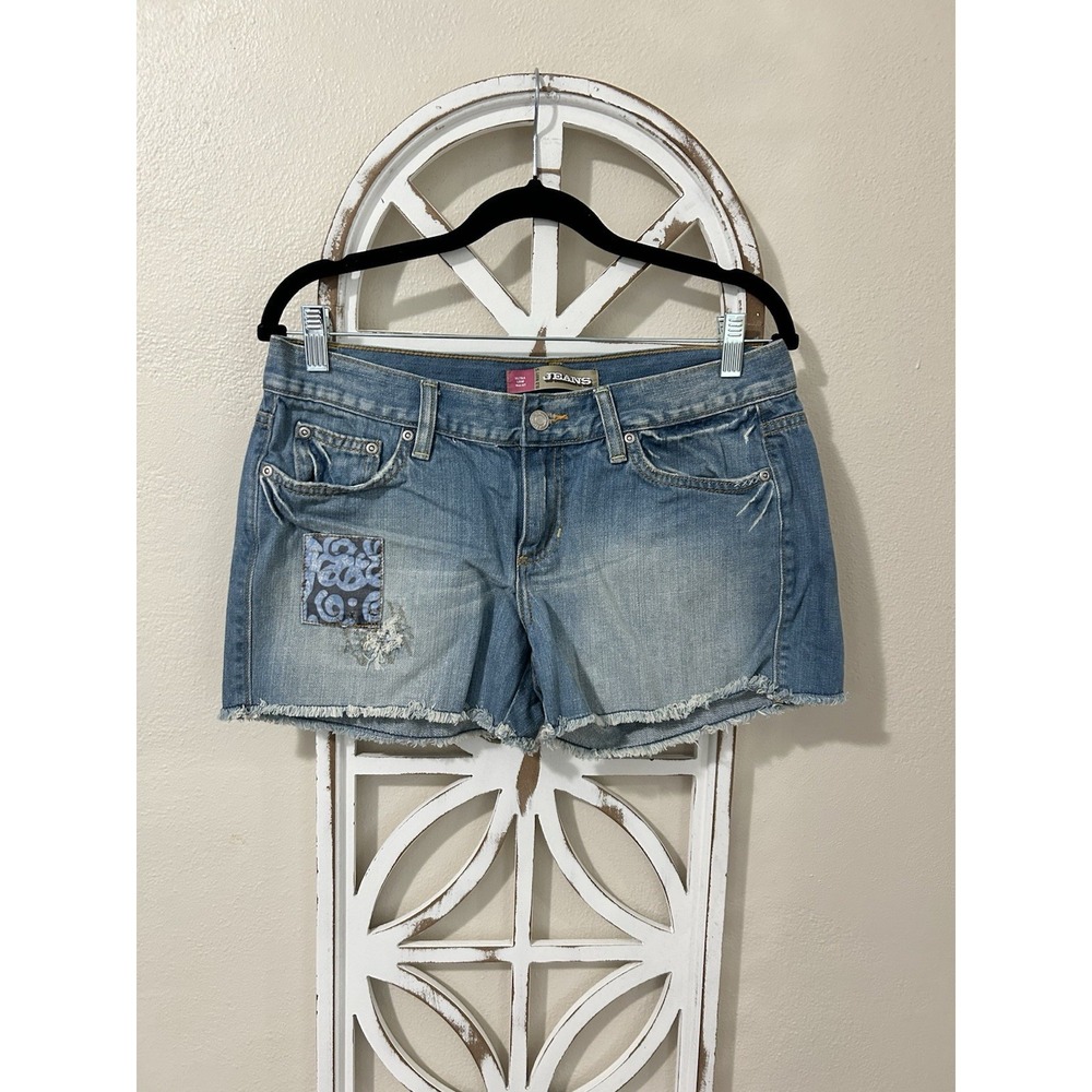 Y2K Old Navy size 8 Patchwork Ultra Low Waist Cut Off Festival Jean Shorts *078